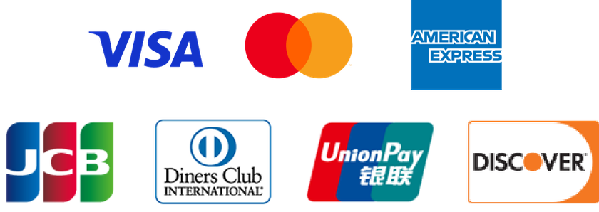 VISA, Mastercard, American Express, JCB, Diners Club International, UnionPay, Discover