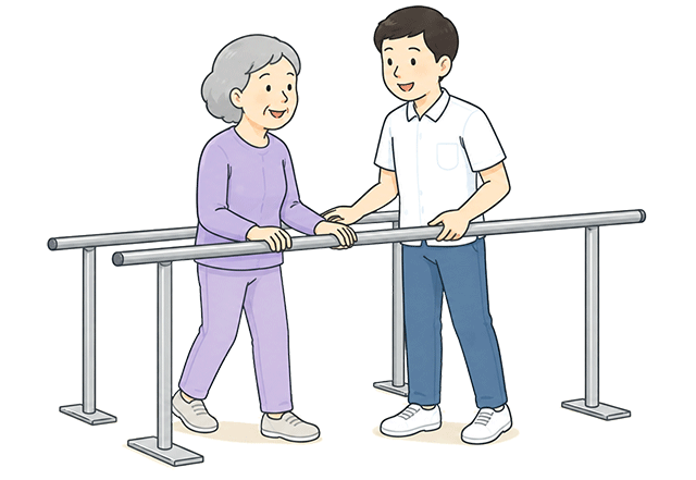 平行棒で歩行訓練をする患者さんとスタッフのイラスト